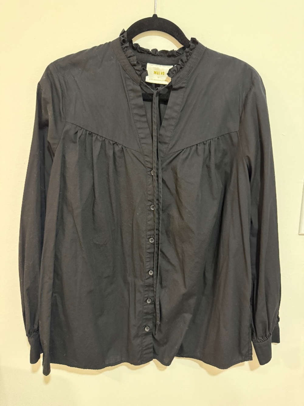 Maeve Black ruffle collar shirt w/balloon sleeves, button down & ties US L